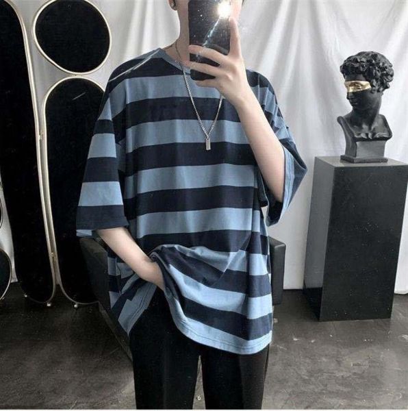 Harajuku Mavi Siyah Çizgili Oversize (Unisex) T-shirt