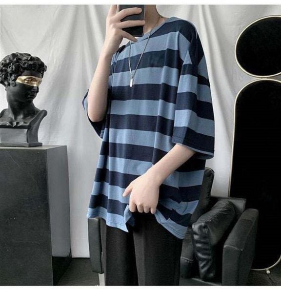 Harajuku Mavi Siyah Çizgili Oversize (Unisex) T-shirt
