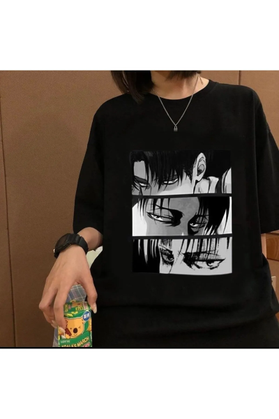 Anime Attack On Titan Three Eyes Unisex Siyah Oversize Tişört
