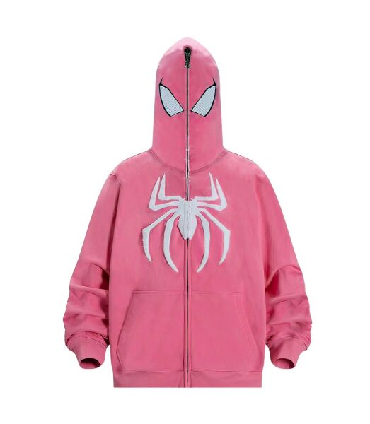 Pembe Spiderman Harajuku Streetwear Full Zip Kapüşonlu Hırka S