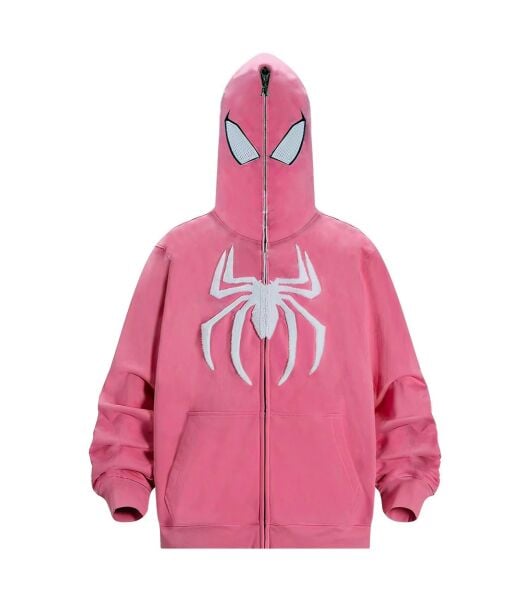 Pembe Spiderman Harajuku Streetwear Full Zip Kapüşonlu Hırka