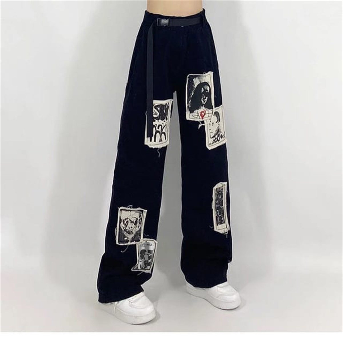 Gothic Punk Distressed Appliques Unisex Eşofman Altı