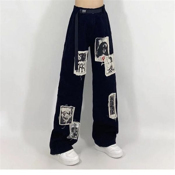 Gothic Punk Distressed Appliques Unisex Eşofman Altı