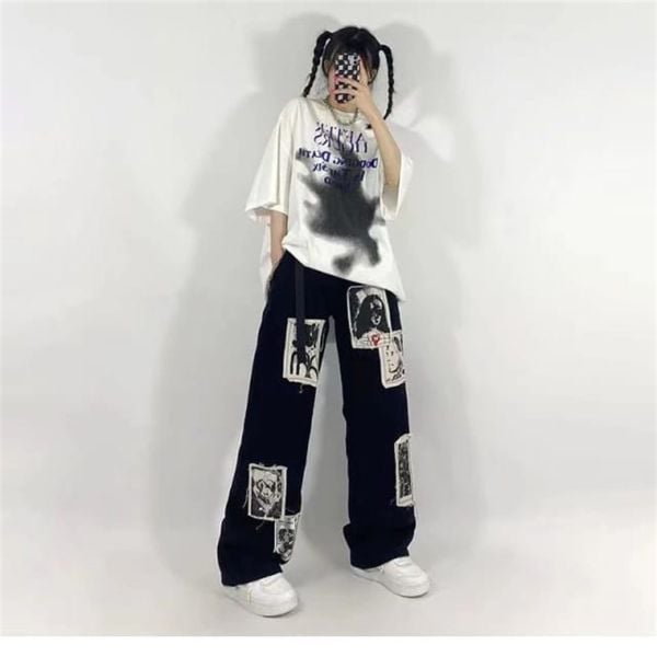 Gothic Punk Distressed Appliques Unisex Eşofman Altı