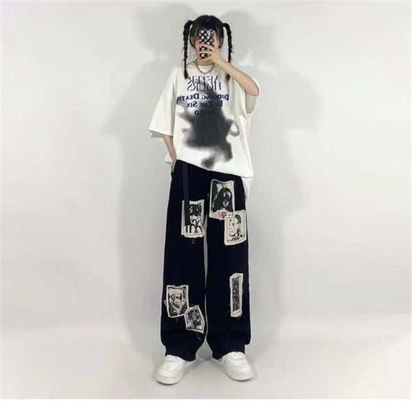 Gothic Punk Distressed Appliques Unisex Eşofman Altı