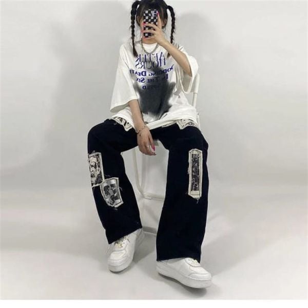 Gothic Punk Distressed Appliques Unisex Eşofman Altı