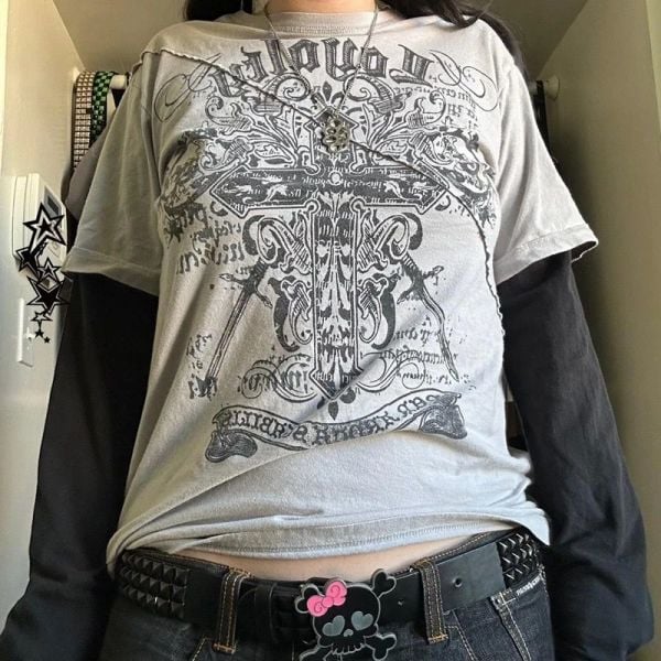 Gri Vintage Siyah Kollu Cross Double Sword Cyber Grunge İnce Sweatshirt