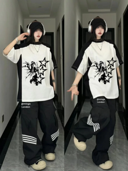 Unisex Black Star Girl Unisex Reglan Y2K Baskılı Bisiklet Yaka T-Shirt