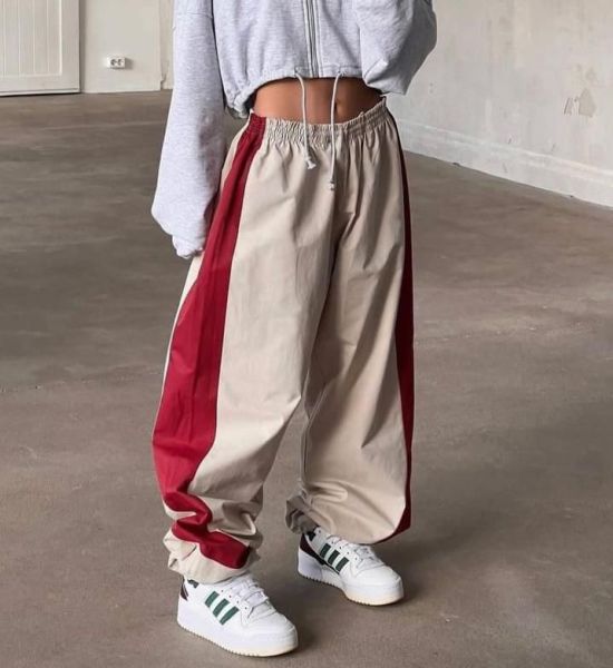 Y2k Bej Kırmızı Detaylı Baggy Eşofman Altı
