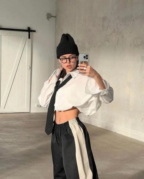 Y2k Siyah Bej Detaylı Baggy Eşofman Altı