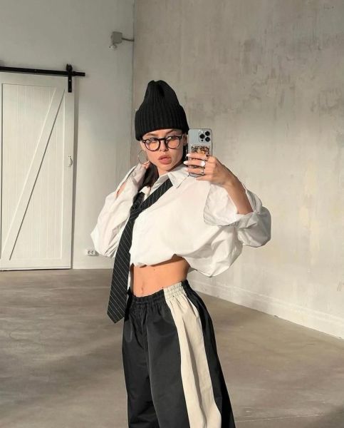Y2k Siyah Bej Detaylı Baggy Eşofman Altı