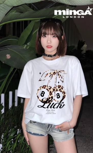 Unisex Cherry Leopar Baskılı Bisiklet Yaka Oversize T-Shirt