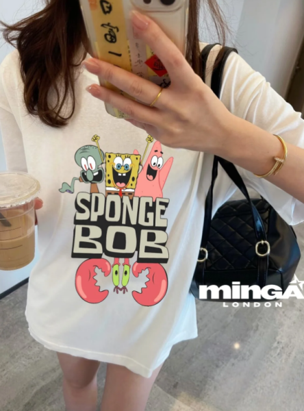 Unisex Child Cartoon Sponge Bob Baskılı Bisiklet Yaka Oversize T-Shirt