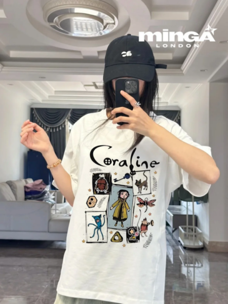 Unisex Child Cartoon Coraline Baskılı Bisiklet Yaka Oversize T-Shirt