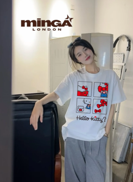 Unisex Hello Kitty Baskılı Baskılı Bisiklet Yaka Oversize T-Shirt