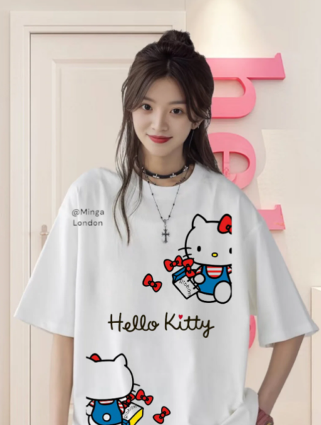 Unisex Hello Kitty Twins Ön Baskılı Baskılı Bisiklet Yaka Oversize T-Shirt