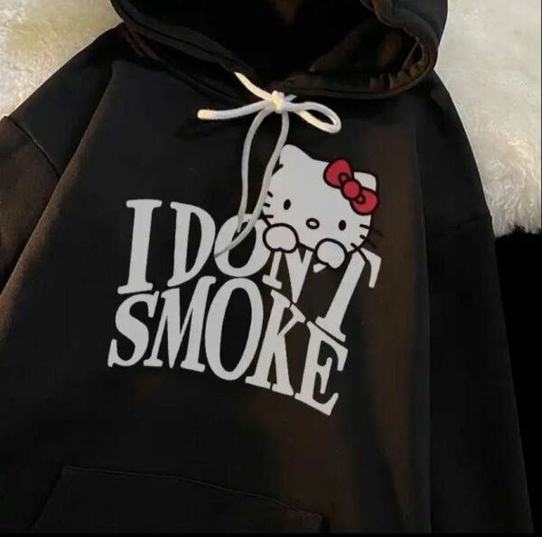 Siyah Unisex I Don't Smoke Hello Kitty Kalın Kumaş Kapşonlu Sweatshirt