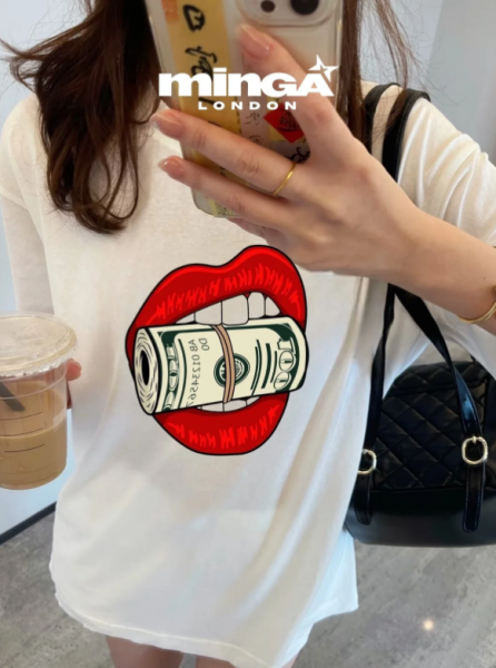 Unisex Kırmızı Dollar Baskılı Baskılı Bisiklet Yaka Oversize T-Shirt