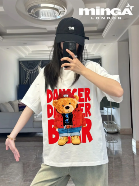 Unisex Kırmızı Dancer Bear Baskılı Baskılı Bisiklet Yaka Oversize T-Shirt