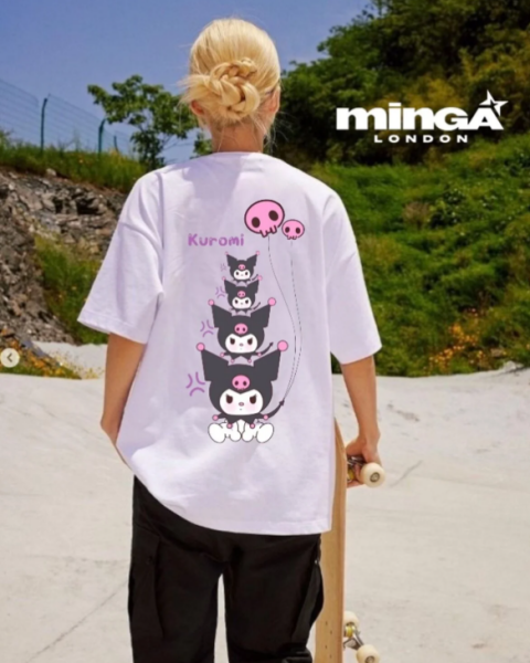 Unisex Kuromi Baskılı Baskılı Bisiklet Yaka Oversize T-Shirt