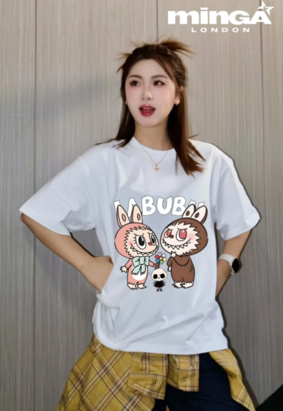 Unisex Labubu Sister Baskılı Baskılı Bisiklet Yaka Oversize T-Shirt