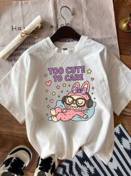 Unisex Labubu Too Cute To Care Baskılı Baskılı Bisiklet Yaka Oversize T-Shirt