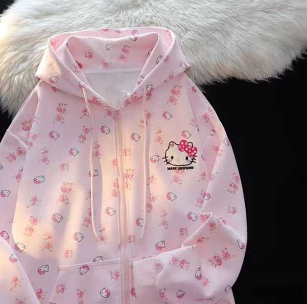Pembe Hello Kitty Collage Fermuarlı Kapüşonlu Sweatshirt