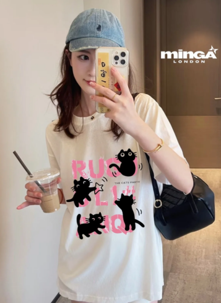 Unisex Pink Letter & Black Cat Baskılı Baskılı Bisiklet Yaka Oversize T-Shirt