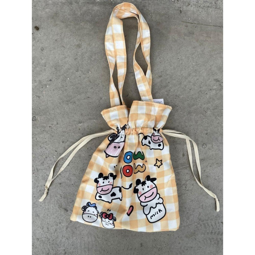 Cow Cow Milk Kawaii Büzgülü Bez Çanta