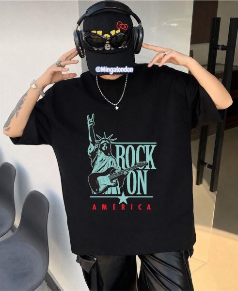 Rock On America Baskılı Siyah Oversize T-Shirt