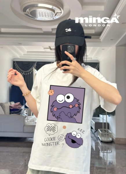 Unisex Purple Kurabiye Baskılı Baskılı Bisiklet Yaka Oversize T-Shirt