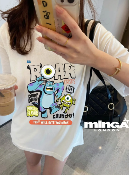 Unisex Roar Child Cartoon Baskılı Baskılı Bisiklet Yaka Oversize T-Shirt