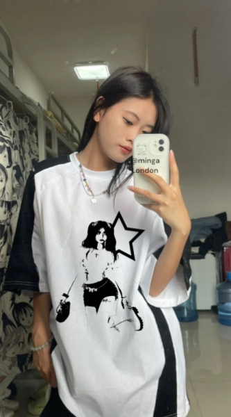 Unisex Star Japanese Girl Unisex Reglan Y2K Baskılı Baskılı Bisiklet Yaka Oversize T-Shirt