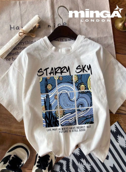 Unisex Starry Sky Baskılı Baskılı Baskılı Bisiklet Yaka Oversize T-Shirt