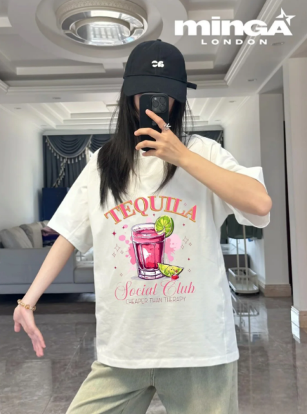 Unisex Summer Pink Drink Baskılı Baskılı Baskılı Bisiklet Yaka Oversize T-Shirt