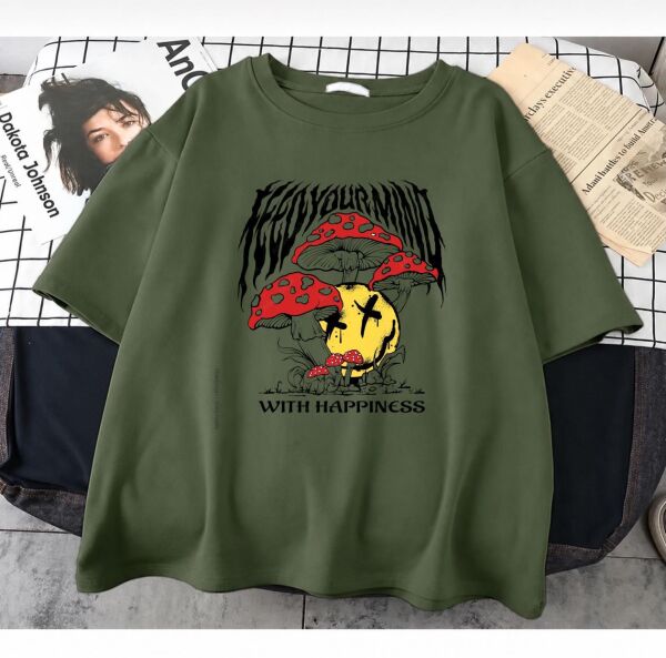 Feed Your Mınd Wıth Happıness Baskılı Haki T-Shirt