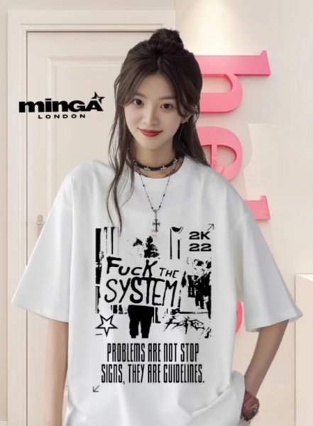 Unisex SYSTEM Baskılı Baskılı Baskılı Bisiklet Yaka Oversize T-Shirt