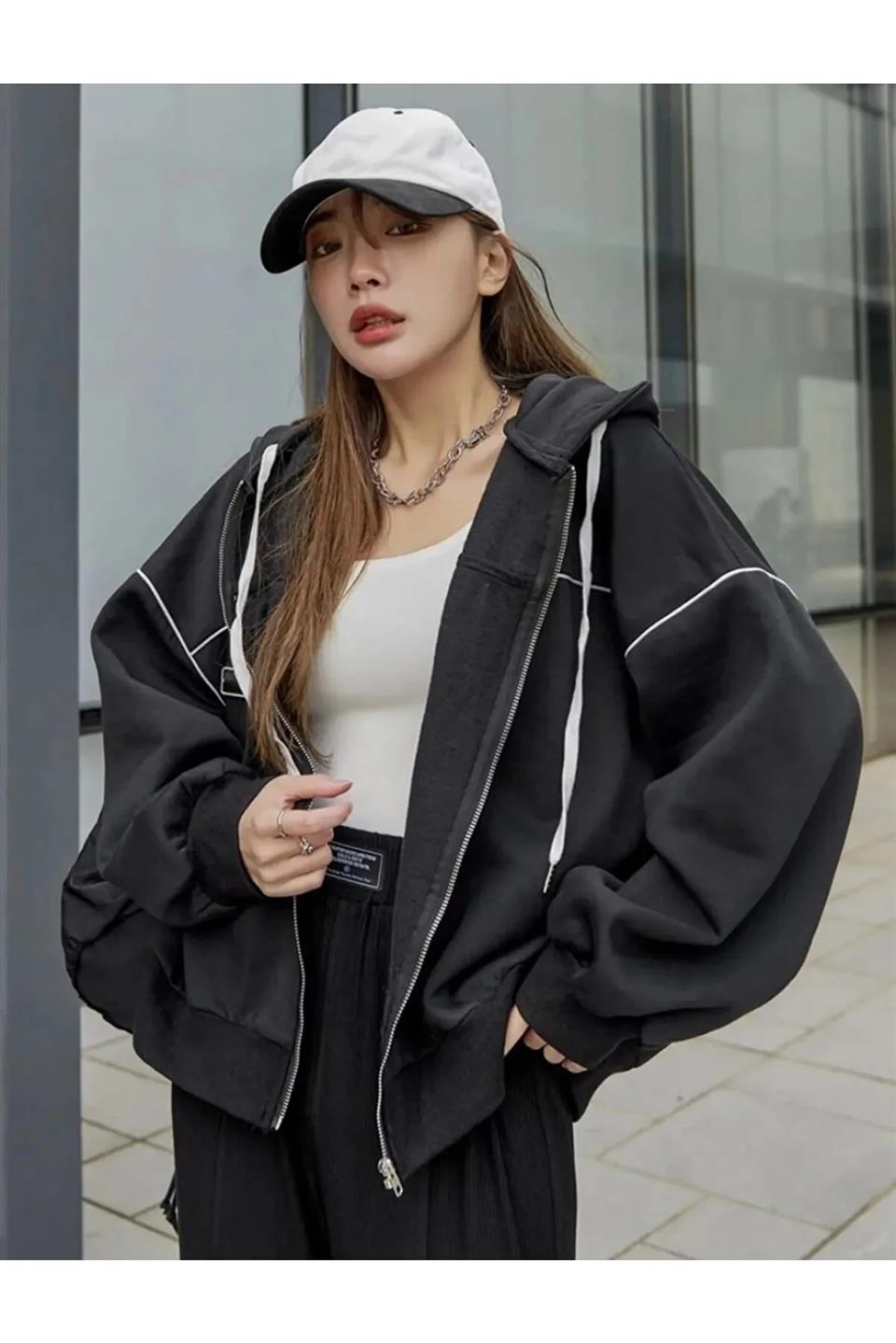 Zip Detaylı Sokak Tarzı Harajuku Oversize Fermuarlı Siyah Unisex Kapüşonlu Hırka M-L