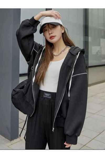 Zip Detaylı Sokak Tarzı Harajuku Oversize Fermuarlı Siyah Unisex Kapüşonlu Hırka M-L