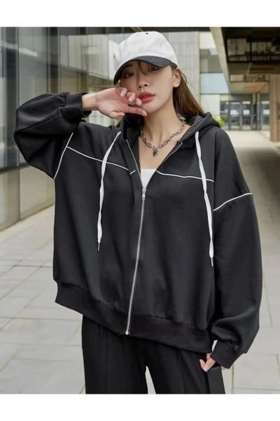 Zip Detaylı Sokak Tarzı Harajuku Oversize Fermuarlı Siyah Unisex Kapüşonlu Hırka M-L