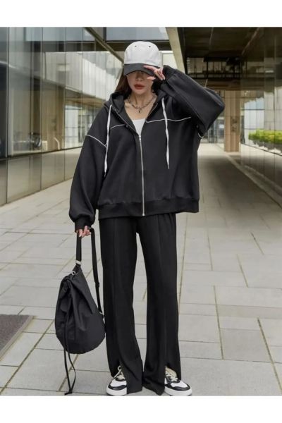 Zip Detaylı Sokak Tarzı Harajuku Oversize Fermuarlı Siyah Unisex Kapüşonlu Hırka M-L