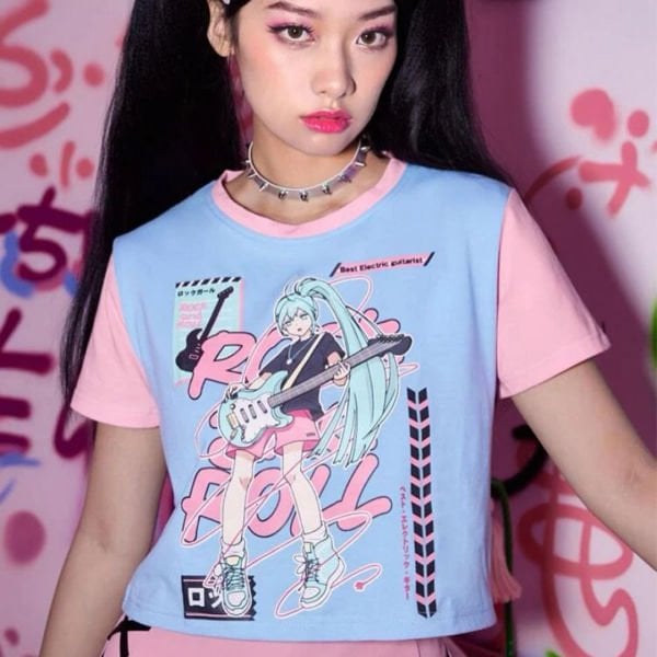 Pembe Kollu Anime Hatsune Miku- Best Electric Guitarist Mavi Yarım T-Shirt