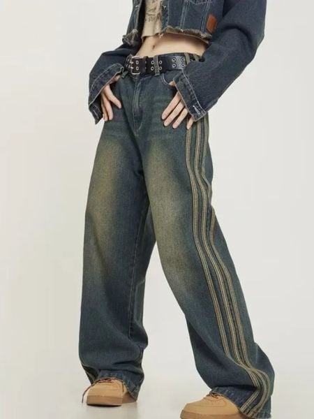 Y2k Vintage Çizgi Detaylı Yıkamalı Pantolon S
