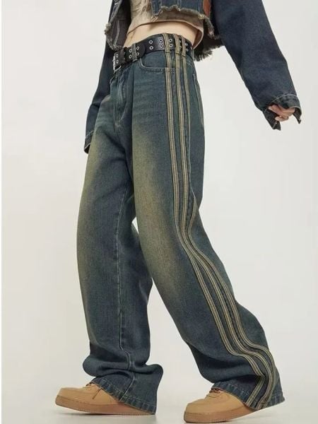 Y2k Vintage Çizgi Detaylı Yıkamalı Pantolon S