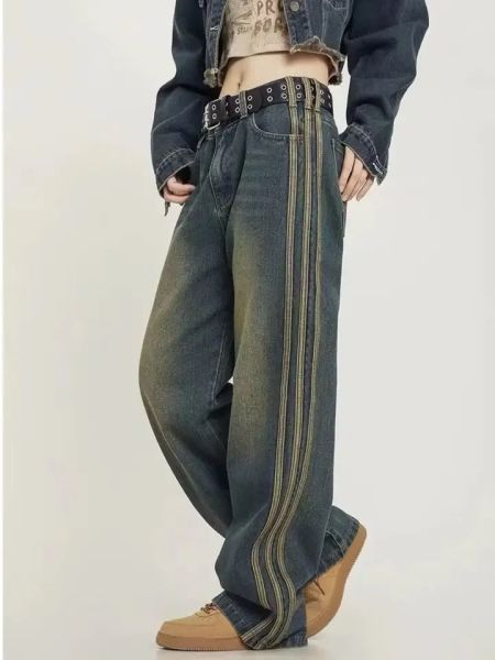 Y2k Vintage Çizgi Detaylı Yıkamalı Pantolon S