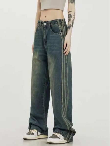 Y2k Vintage Çizgi Detaylı Yıkamalı Pantolon S