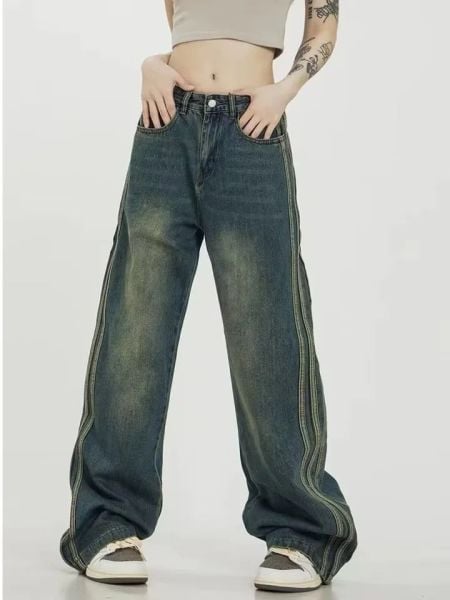 Y2k Vintage Çizgi Detaylı Yıkamalı Pantolon S