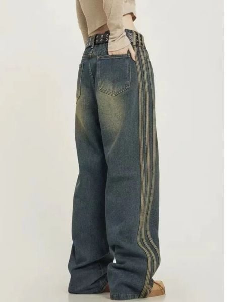 Y2k Vintage Çizgi Detaylı Yıkamalı Pantolon S