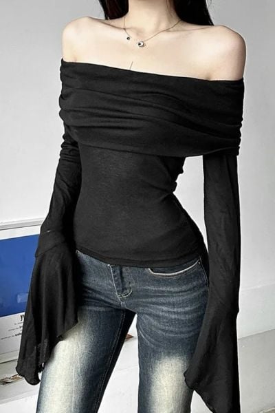 Siyah Madonna Yaka İspanyol Kol Uzun Kollu Crop