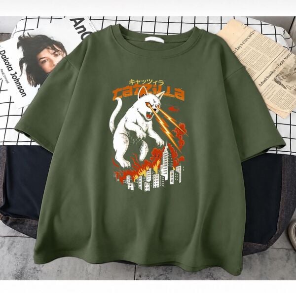 Catzilla Baskılı Haki T-Shirt